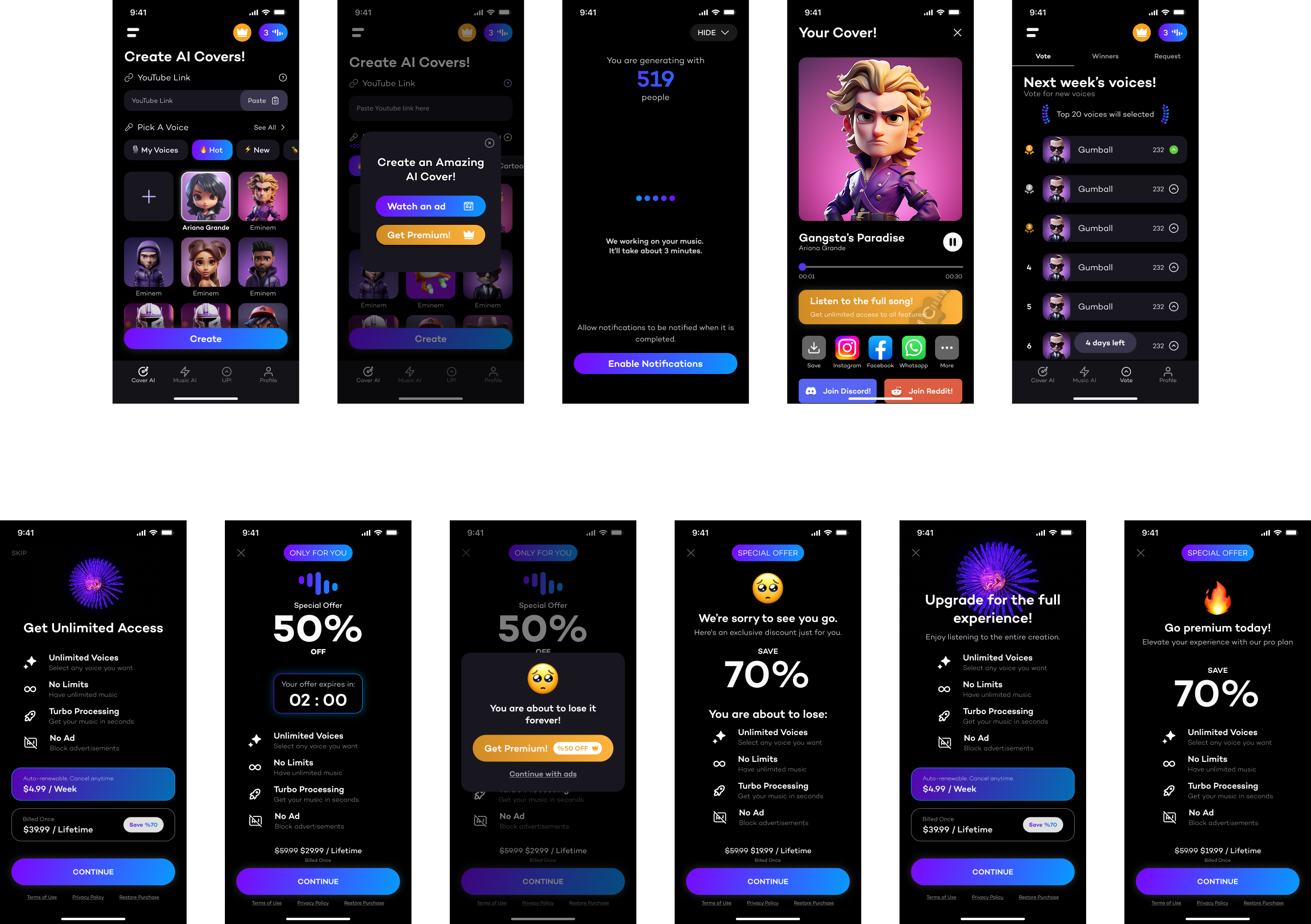 Music AI app screens